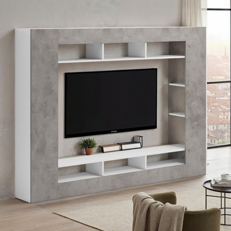 Pared Equipado Sadali, Mueble de Salón 7 Estantes, Cajones Made in Italy, 11 Compartimentos, 216x30.4x158.6h cm Gris Cemento (1/5)