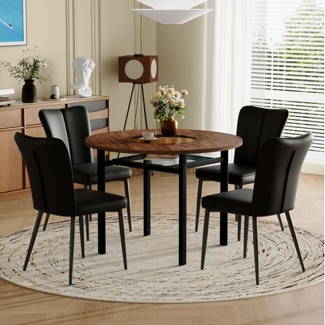 REDOM - Set da pranzo rotondo, piano effetto legno, inserto in vetro marrone, sedie PU nere, metallo nero (1/5)