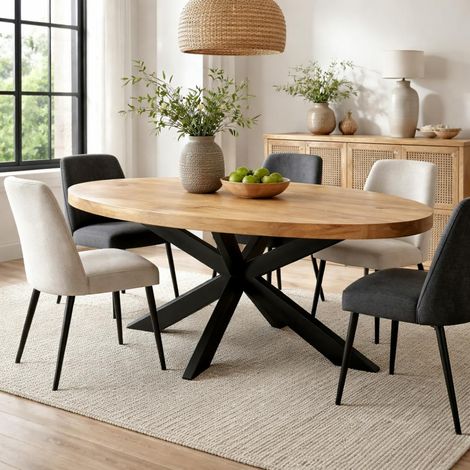 Table ovale bois clair pied croisé métal noir 180 cm RIVANO