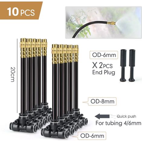 (A-6 mm à 8 mm, lot de 10) Tuyau d'irrigation flexible rotatif à 360° de 20 cm en laiton avec buse de pulvérisation réglable et raccord rapide en T pour tuyau de 6/8/10/12 mm. (1/5)