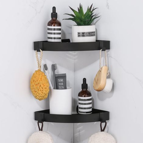 1 Étagère d'angle, Acier inoxydable, Sans perçage, 4 Crochets, Noir, Salle de bain