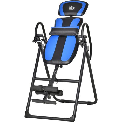 Table d'inversion pliable/appareil d'entraînement à la gravité avec deux roues mobiles, dossier réglable, métal et ABS, noir et bleu, 132 x 71 x 145 cm