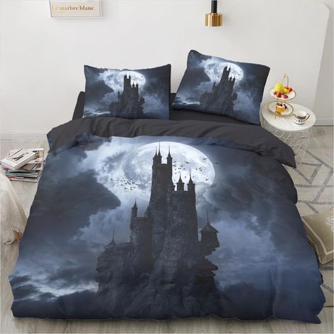 Bettwäsche-Set 155x220 cm mit 2 Kissenbezügen 80x80 cm, Halloween Schloss Motiv