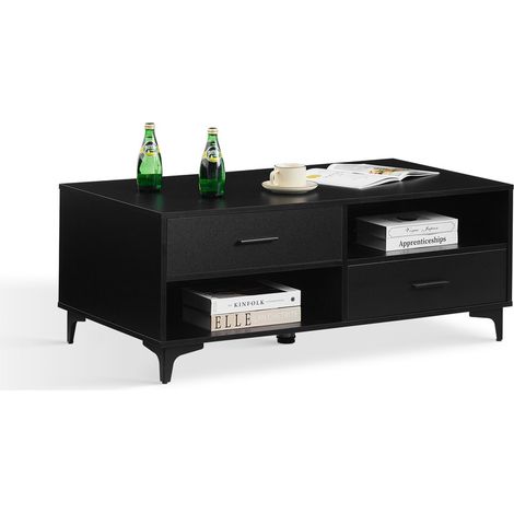 Coffee Table with Storage, 4 Drawers and 4 Open Shelves Wood Center Tea Table with Metal Legs Rectangle Sofa Side Table for Living Room Bedroom Home Office (Black) (1/5)