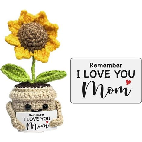 Tournesol crocheté en pot, petit tournesol tricoté servant de décoration de bureau avec une carte message d'amour, cadeau unique pour la fête des mère (1/5)