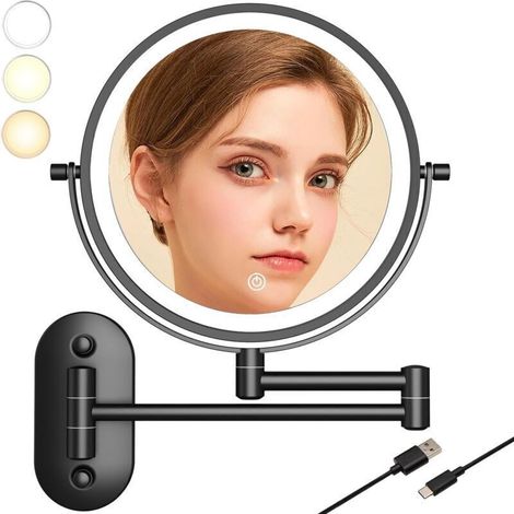 8-inch LED-illuminated magnifying mirror, 10x magnification, wall-mounted for vanities, bathrooms and hotel rooms for shaving, USB rechargeable, bathroom wall mirror (Black - 10x) (1/4)