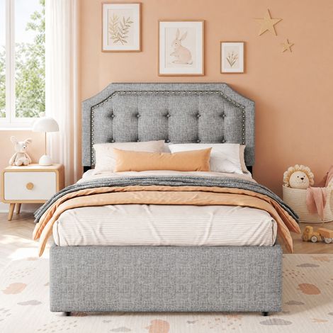 Cama tapizada 90 x 200 cm con cajones y cabezal regulable, gris HAVRYA (1/5)