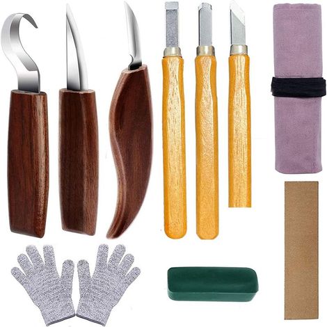 Lot de 10 ciseaux à bois, ciseaux à sculpter avec manche en noyer, outils de sculpture DIY, gants de protection et pierre à aiguiser inclus (1/5)