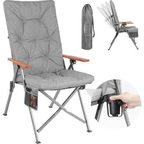 Homecall Campingstuhl Faltbar Hochlehner Luxus Klappstuhl mit 4,5cm Dicke Gepolstert, (150kg Belastbar mit 4 Positionen Verstellbar Angelstuhl, 1 St), für Garten Balkon Wohnmobil (hellgrau)