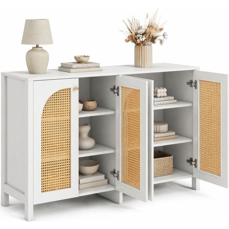 Aparador blanco de 4 puertas con ratán sintético, MDF y tablero HAVRYA (1/5)