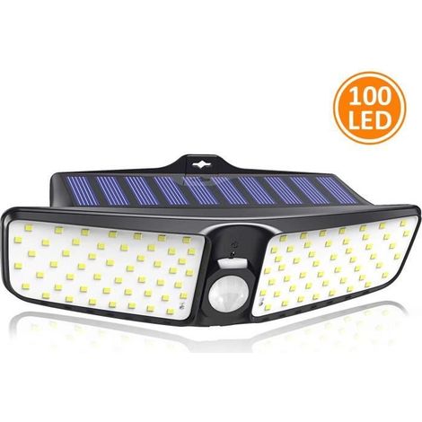 Lampe Solaire Extérieur - 100 LEDs - Détecteur de Mouvement - Illumination à Grand Angle 220° - IP65 - Noir