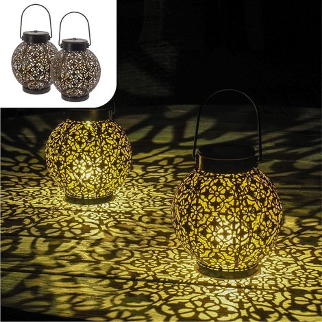 Lampe Solaire Exterieur Decorative Lot De 2 Lanterne De Jardin À LED Convient Comme Lampe De Table Ou Lampe À Suspendre Métal Noir Et Or (1/5)
