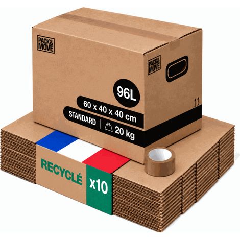 Pack and Move - Lot 10 cartons déménagement L larges - 40 x 60 x 40 cm - Poignées renforcées - 1 adhésif offert (1/5)