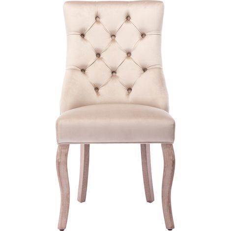 Lot de 4 chaises de salle à manger en velours beige, dossier haut capitonné, pieds bois massif, style élégant (1/5)
