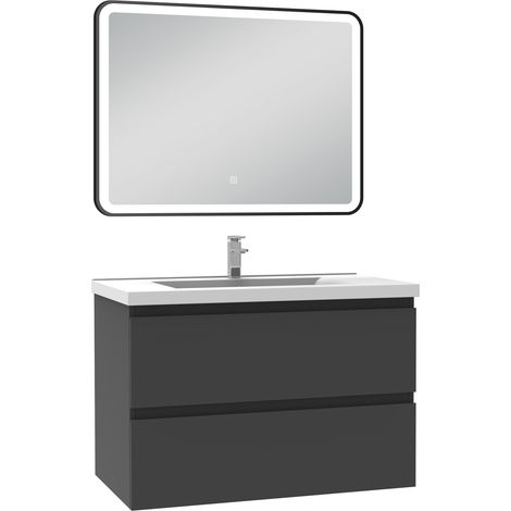 Ocean Meuble Salle de Bain 80cm Anthracite simple vasque + miroir lumineux 3 couleurs + dimmable