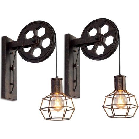 AMXCNOY Applique murale industrielle vintage à poulie en métal rouillé – Dimensions 30,5 x 9,5 cm – Compatible avec ampoules E27 (1/4)