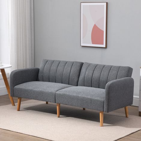 Canapé-lit 2 places en tissu, aspect lin polyester, structure en bois d'hévéa, 173 x 75 x 73 cm, gris (1/5)