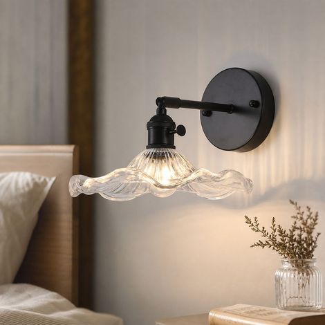 Applique murale vintage verre épais E27 interrupteur intégré tête orientable 90° noir ou cuivre pour chambre salon (1/5)