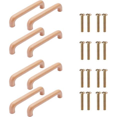 Huit poignées de meubles en bois, poignées de tiroir, poignées de porte, poignées d'armoire en hêtre, adaptées aux cuisines, aux armoires et aux coiffeuses (longueur totale 145 mm, couleur bois). (1/4)