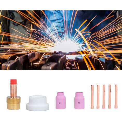 Corps de mandrin à lentille à gaz TIG 9 pièces, buse en laiton, coupelle en céramique, compatible avec les torches de soudage TIG 17, 18 et 26. (1/5)