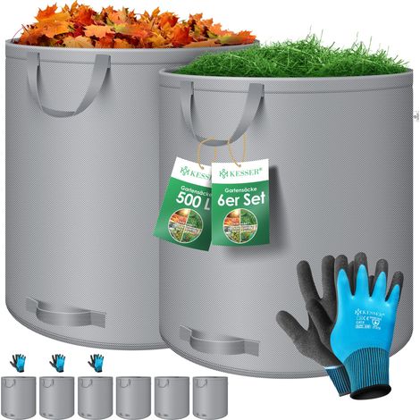 KESSER® Gartensack Set Laubsack Gartenabfallsack inkl. Handschuhe - Selbststehend 4 Griffe Stabil Robust & Faltbar - Laubsäcke Rasenschnitt Gartensäcke Grau / 6x 500 Liter