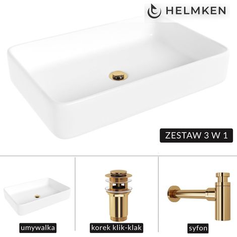Lavabo de encimera Helmken 84261000 (61,5 x 41 cm) Blanco + Sifón dorado + Tapón de clic dorado (1/5)