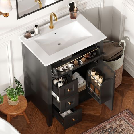 Meuble de salle de bain sur pied de 61 cm, trois tiroirs coulissants, finition laquée noir brillant, MDF, céramique, sans robinet (1/5)