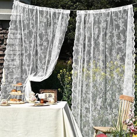 Antikweiße Vorhänge mit Blumenmuster, transparente Vintage-Spitzenvorhänge für Wohn- und Schlafzimmer, Landhausstil, 75 x 200 cm (B x H) (1/5)