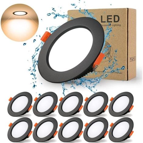 Spot Led Encastrable Noir Extra Plat, 10 Pack 7W 700LM = 70W incandescence, IP44, 3000K Blanc Chaud, AC 220-240V,Découpe 70-85mm,Rond ultraslim plafond encastré Pour salle de bain,Cuisine,Salon (1/5)