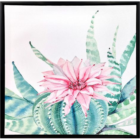 Tableau dessin fleur rose sur cadre en bois noir 40x40 cm - FLOWER (1/4)