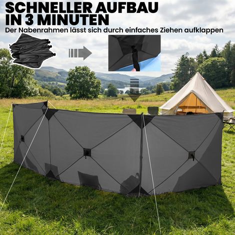 Paravent de camping et jardin pliable, 480x120 cm gris foncé, inclut haubans, piquets et sac de transport.