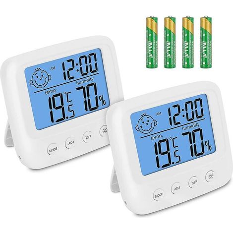 Zimmerthermometer mit Hygrometer, 2er-Pack Babyzimmerthermometer, Feuchtigkeitsmesser mit Hintergrundbeleuchtung, Wetterinstrumente, Feuchtigkeitssensor, °C/°F-Anzeige / Uhr / Datum
