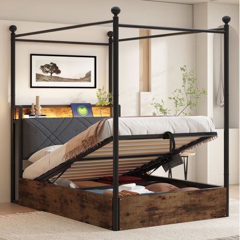 letto contenitore 90x190 con baldacchino LED smart nero HAVRYA (1/5)