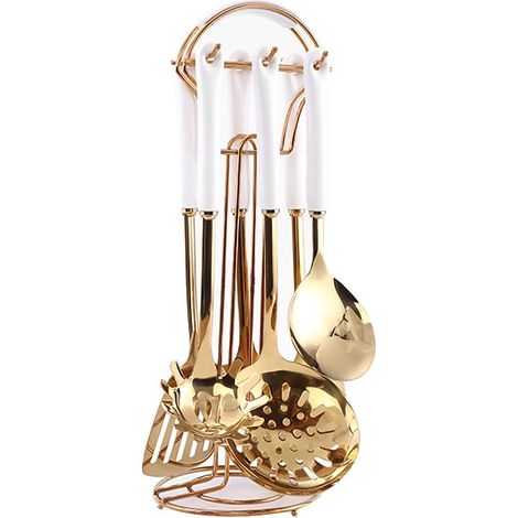 Juego de utensilios de cocina de acero inoxidable de 7 piezas Platinum Cookware con soporte para colgar: cucharón ranurado, cucharón para sopa, espátula, cuchara para pasta. (1/5)