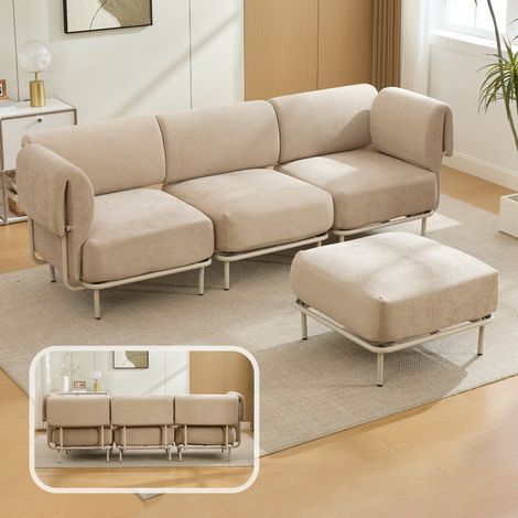 Canapé d’angle modulable 3 places 251x155x78 cm avec pouf mobile, assise en mousse haute densité, tissu chenille kaki, style scandinave (1/5)