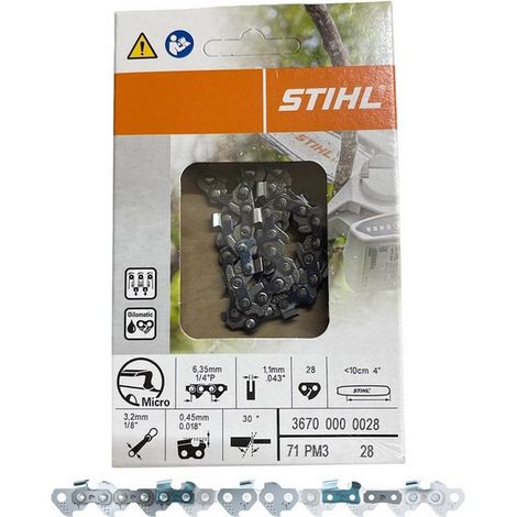 Stihl – Chaine de tronçonneuse 10 cm – Pas 1/4" – Jauge 1.1 mm – 28 dents – Coupe nette pour bois dur et teck
