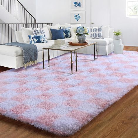 Tapis Damier Salon 120x180cm, Tapis Chambre Blanc et Rose, Lavable En Machine, Doux AntidéRapant Moquette, Tapis Salon Carreaux, pour Descente de Lit et Chambre Fille (1/5)