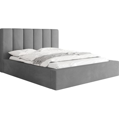 Polsterbett 140x200 mit Bettkasten und Lattenrost – Bett mit hohem Kopfteil, Boucle oder Samt Stoff – Modernes Doppelbett mit Stauraum – Bettgestell, ohne Matratze – Amira – Grau