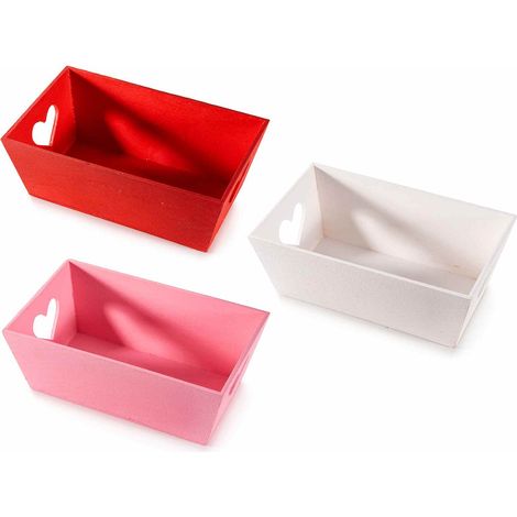 Cestini / cassetta in legno colorato rosso bianco e rosa con manici intagliati a forma di cuore, set da 18 pezzi, cm 16 x 9,5 x 6 H