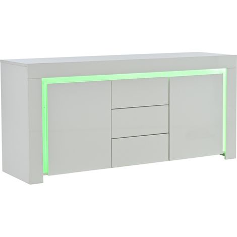 Aparador de salón 140 x 40 x 65 cm blanco brillante con 2 puertas, 3 cajones y LED (1/5)