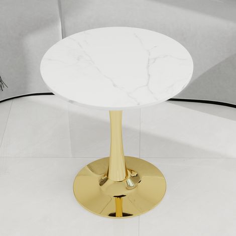Tavolino da caffè basso tondo 70x70x45cm, superficie marmo sintetico bianco, telaio dorato, per soggiorno (1/5)
