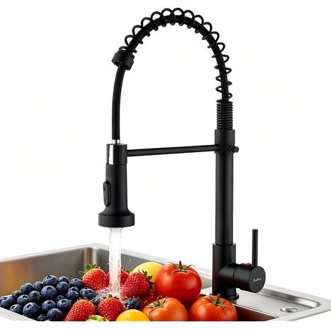 Robinet de cuisine noir à haute pression, robinet de cuisine en acier inoxydable avec arc élevé et mitigeur de cuisine rétractable, mitigeur de cuisine avec fonction de pivotement à 360° (1/5)