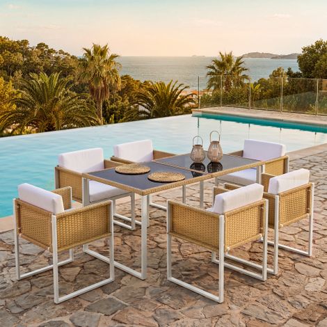 Polyrattan-Esstisch- und Stuhlset, Gartenmöbel, 6-Personen-Garten-Essgruppe mit Sesseln, abnehmbare und waschbare Stoffbezüge
