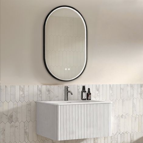 Conjunto de muebles de baño con espejo, mueble de lavabo de 80 cm con armario bajo, premontado, armario a rayas con un cajón, blanco, espejo ovalado de 50 × 80 cm con pedrería y marco negro. (1/5)