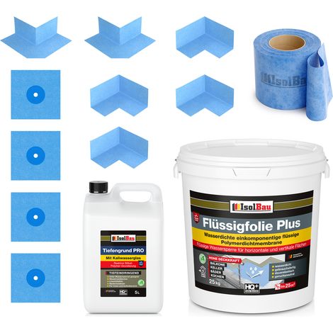 Dichtset 818B Film liquide plus 25 kg Tiefengrund PRO 5L 25 m de ruban adhésif 4 x coins 4 x brassards