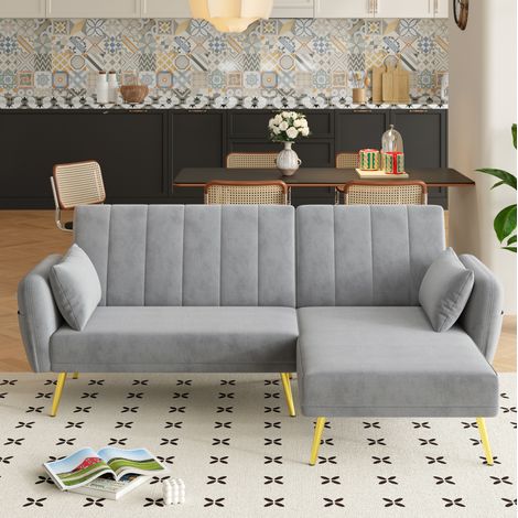 Divano angolare in velluto grigio convertibile 191,5x130,5x80 cm, chaise longue reversibile, schienale reclinabile (1/5)