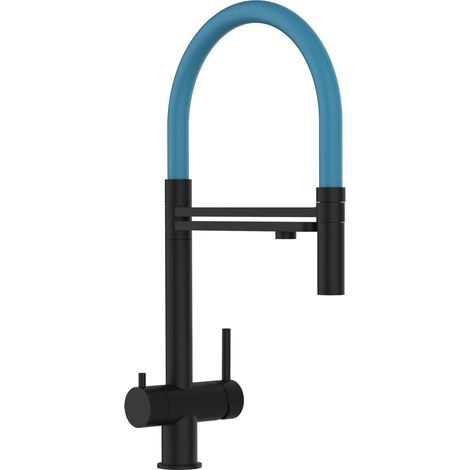 Rubinetto 3 VIE miscelatore lavello cucina in ACCIAIO INOX, canna girevole 360° e doccetta 2 getti movibile, PVD Nero Opaco / Azzurro (1/5)