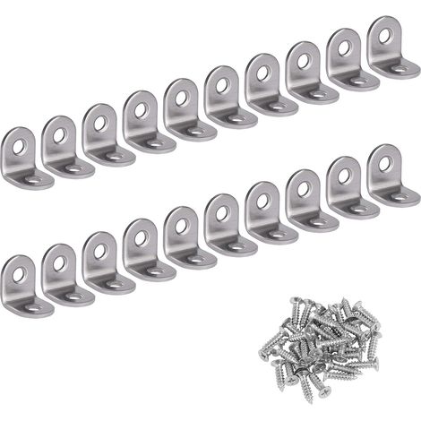 Équerre à angle droit, acier inoxydable, équerre d'angle à 90 degrés, équerre en L, support de fixation avec 20 vis argentées, 20 x 20 x 16 mm (1/5)