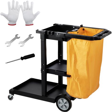 Chariot de Ménage Professionnel 3 Niveaux Chariot de Nettoyage Lavage en PP avec Sac à Déchets en PVC Chariot d'Entretien Charge 90,7 kg Déplacement Fluide Range Outils d’Entretien Bureau Hôtel (1/5)