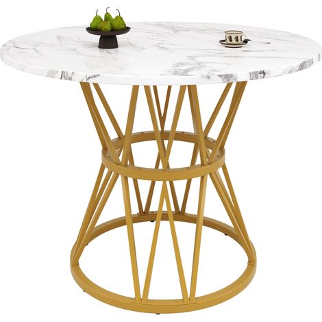 Table à manger ronde 100 cm en MDF effet marbre, piètement métal doré, pieds réglables, 4 places, pour salle à manger, cuisine ou salon  CHICFURN (1/5)